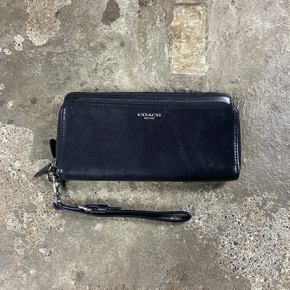 Coach Double Zip Phone Wallet Wristlet Black Leather Travel Organizer Silver
